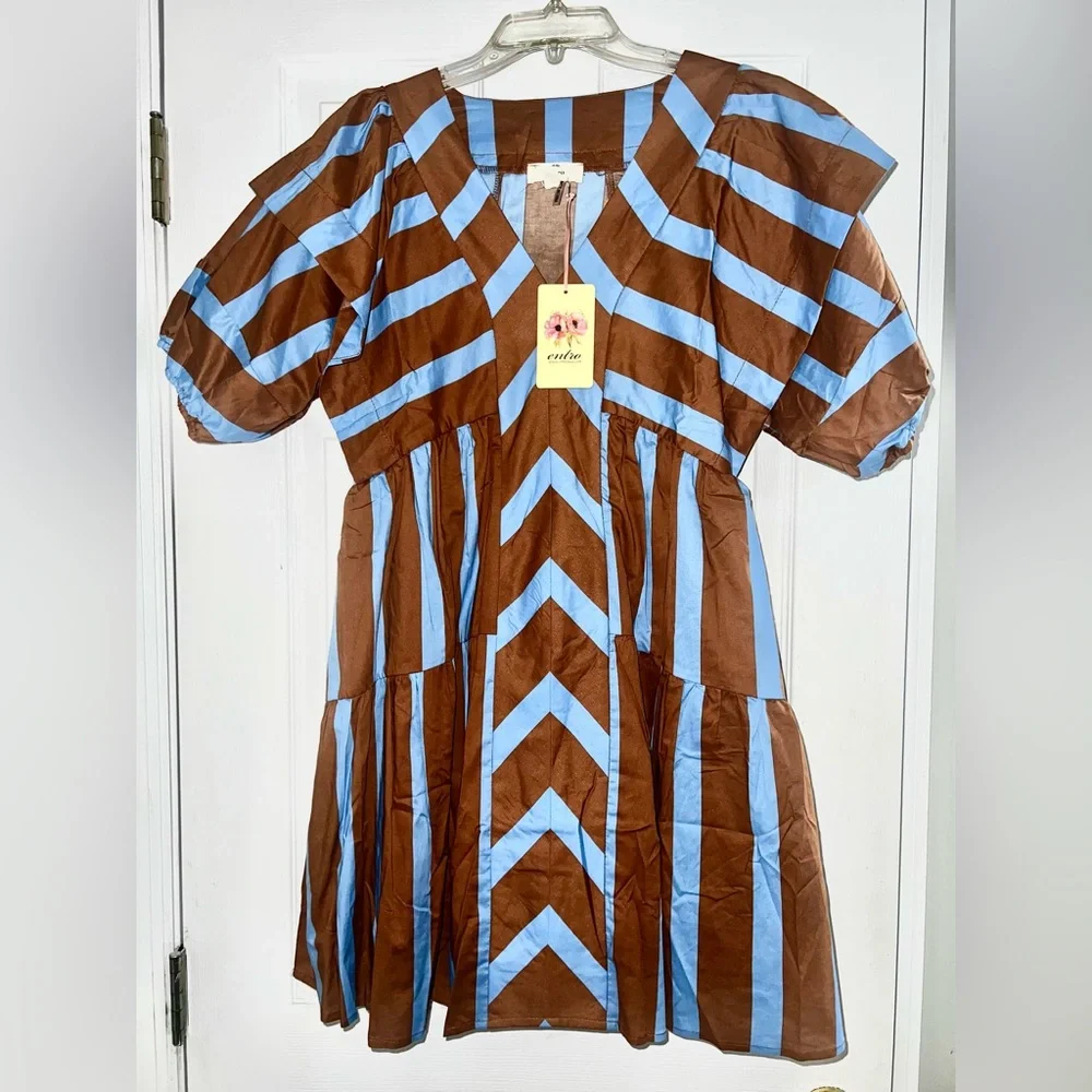 NWTs Entro Blue & Brown Chevron V-Neck Tiered Dress - Picture 8 of 9